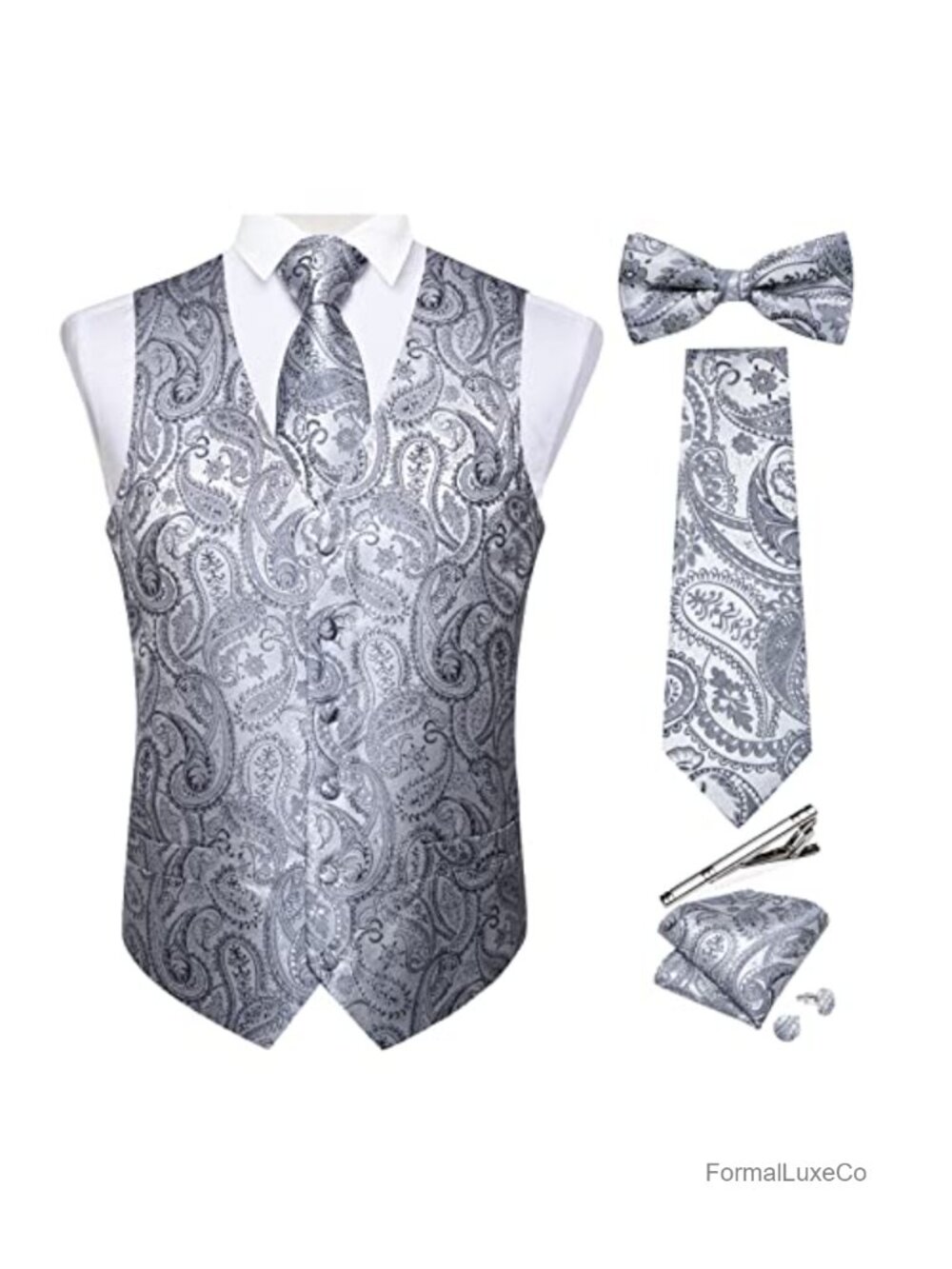 Mens Silk Paisley Vest and Necktie Set 6PCS Pre-tied Bow Tie Formal Waistcoat